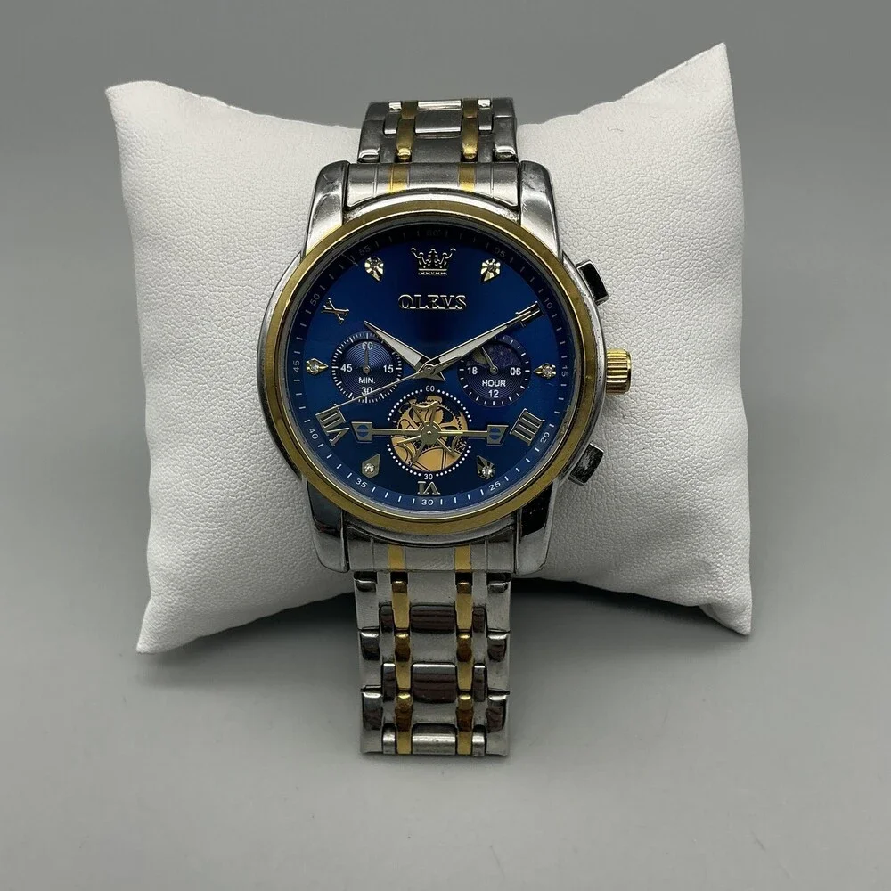 OLEVS 2856G Mens Watch 41mm Blue Dial Two Tone Chronograph New Battery 8.75